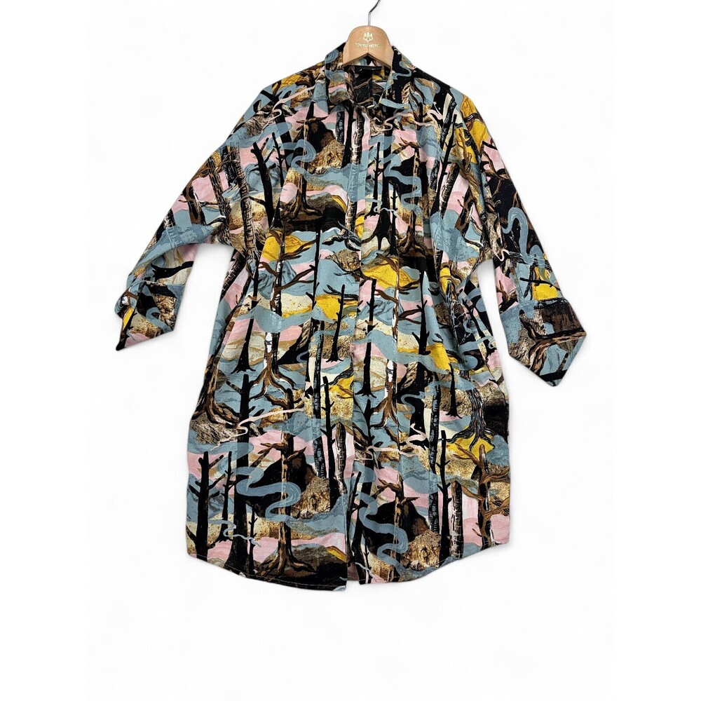 Monki Long Button-Up Tunic Shirt S - Abstract Forest Print